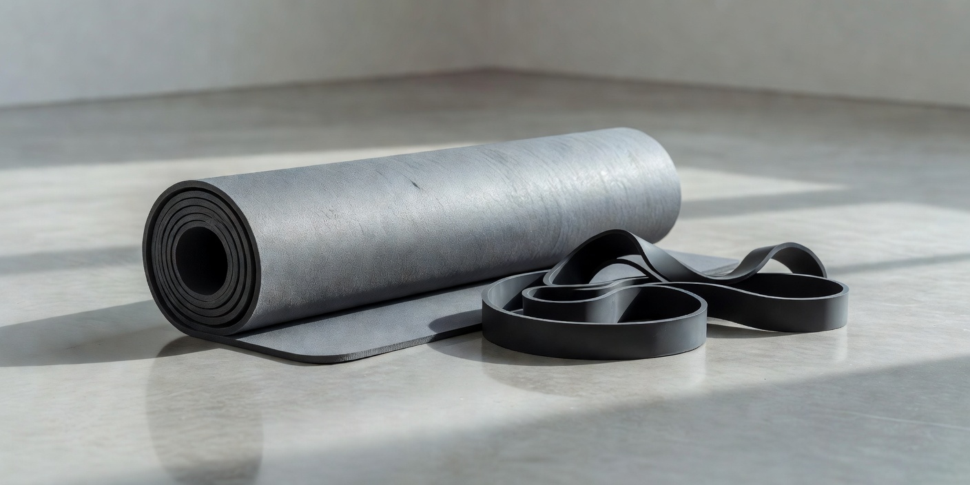 Rolled exercise mat beside a loosely coiled resistance band on a clear floor