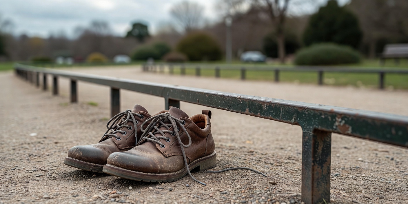 Laced walking shoes beside a low park railing, with the path softly blurred behind