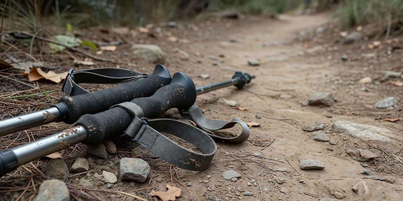Close-up of walking-pole grips and wrist straps resting beside a path